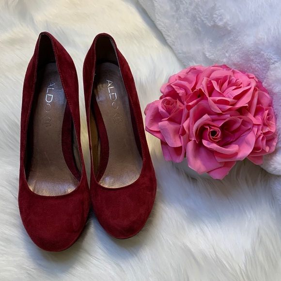 Aldo Burgundy Suede Platform Chunky Heels Pump - Picture 7 of 16